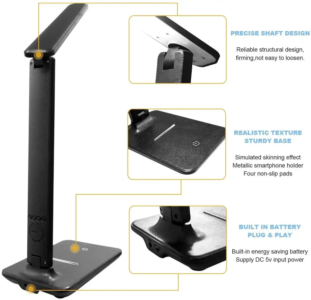 Black led desk lamp with wireless charger and clock featuring adjustable arm and sturdy base for modern desk lamps