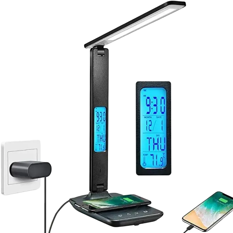 Black adjustable led desk lamp with integrated digital display and wireless charging pad for convenient desk lamps use