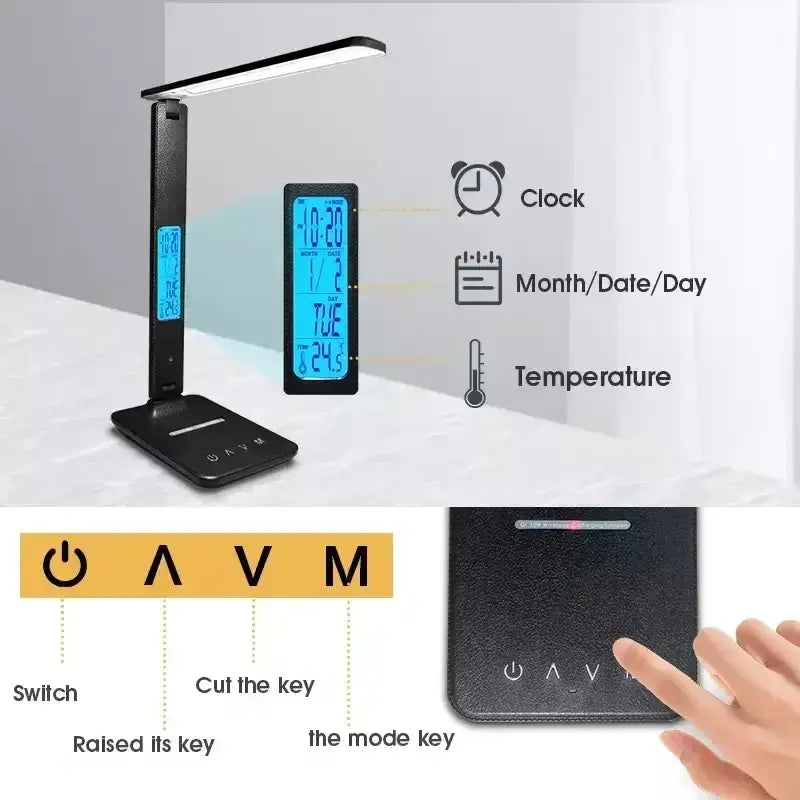 Black adjustable led desk lamp with integrated digital display showing time date and temperature and wireless charger