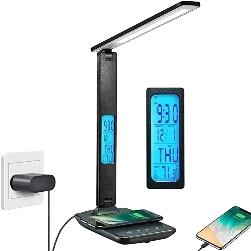 Black adjustable led desk lamp with wireless charger and digital clock display for modern workspace use
