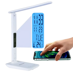 White led desk lamp with wireless charger and blue digital display showing time date and temperature for desk lamps