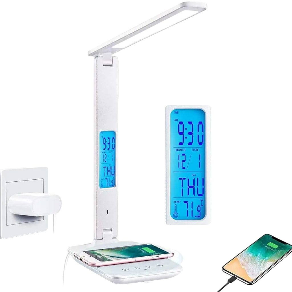 White adjustable led desk lamp with wireless charger and integrated digital clock for modern desk lamps use