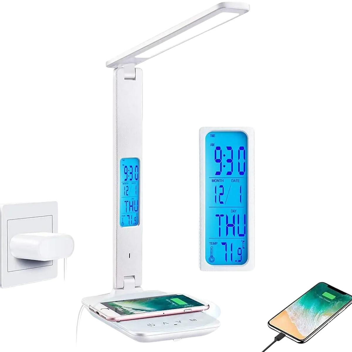 White adjustable led desk lamp with wireless charger and integrated digital clock for modern desk lamps use