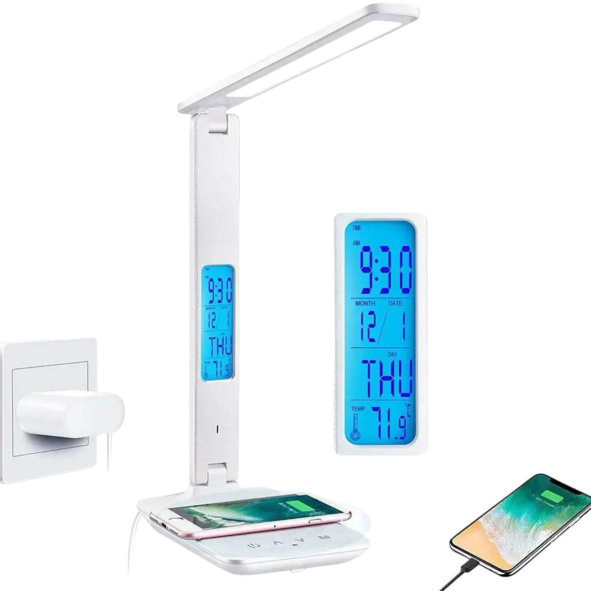 White led desk lamp with adjustable arm, integrated digital clock display, and wireless charging pad for desk use