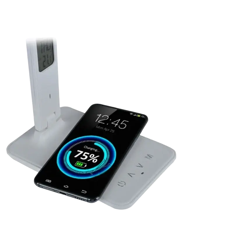 White led desk lamp with wireless charger and 10w digital clock display integrated for convenient desk lamps use