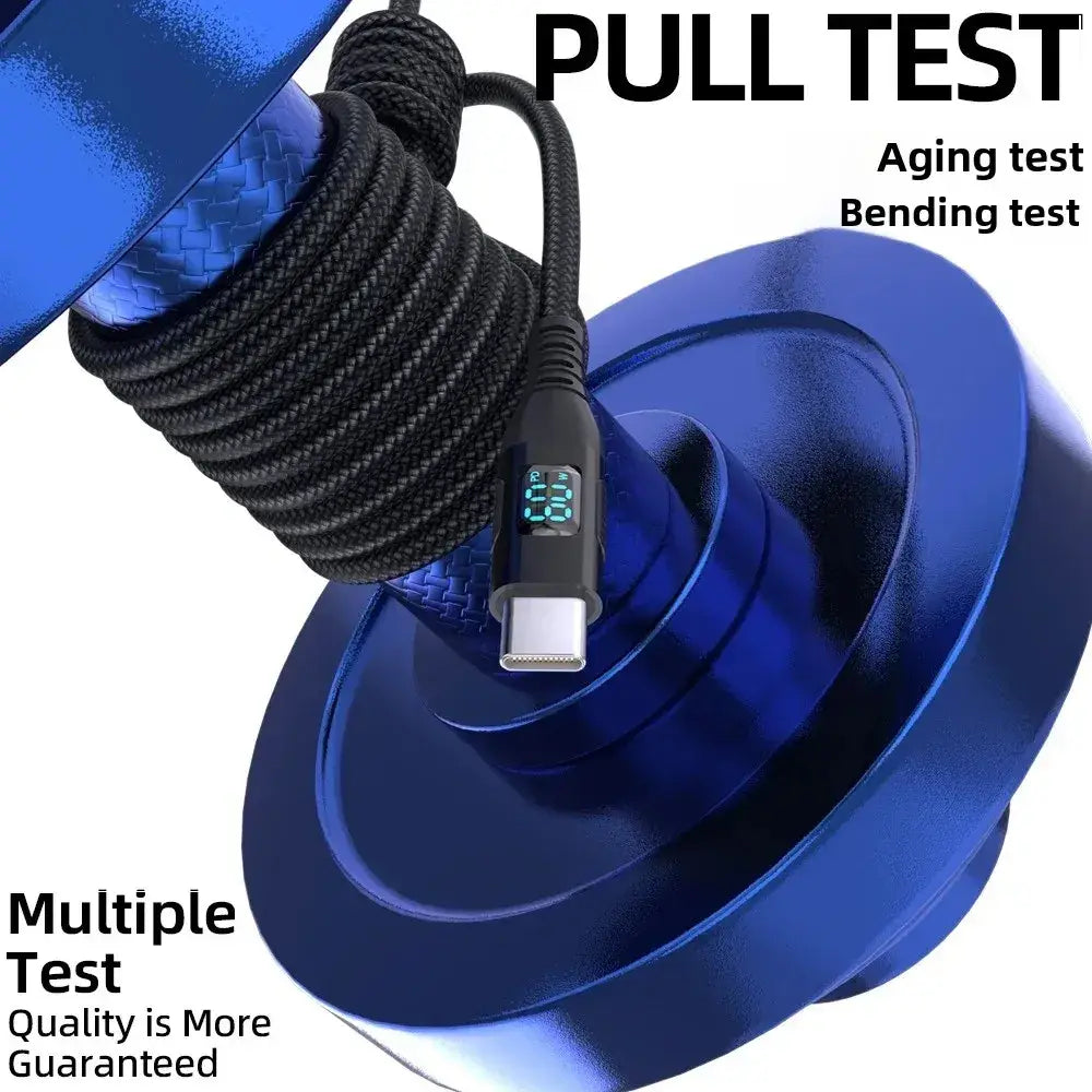 Black braided usb-c fast charging cable with led digital display and data transfer supporting 100w power delivery