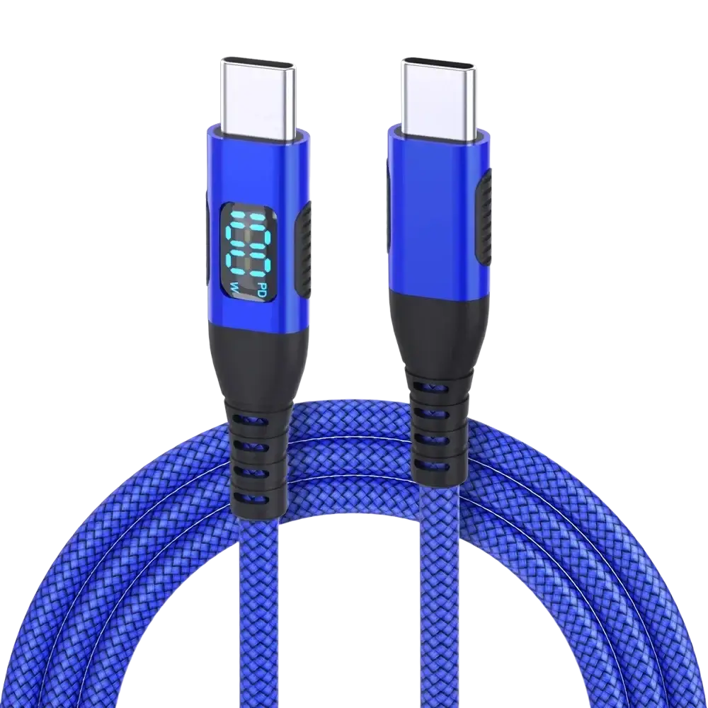 Blue braided usb c fast charging cable with led digital display on each connector showing power output for data transfer