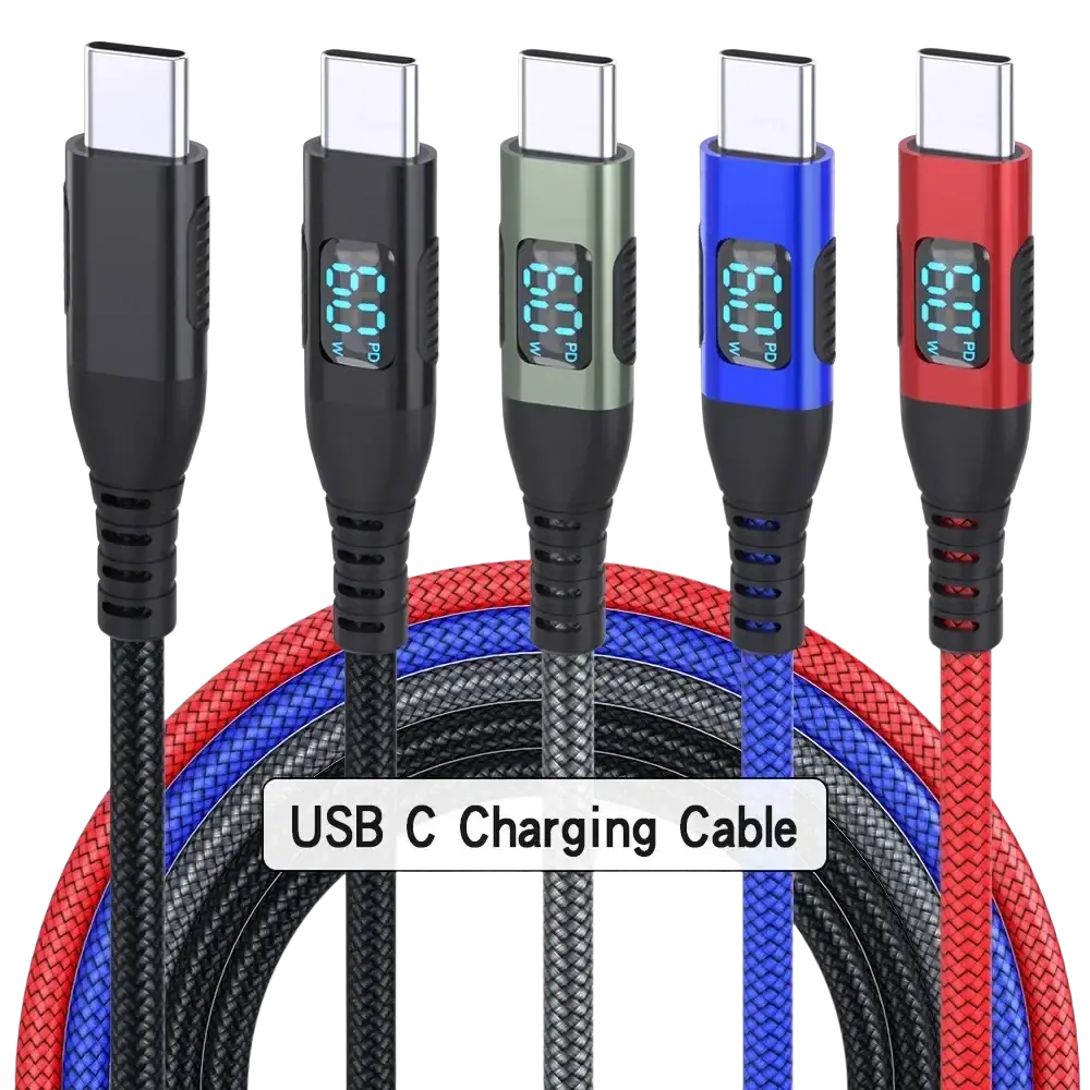 Led digital display 100w usb c fast charging cables in black green blue and red with power output and data transfer
