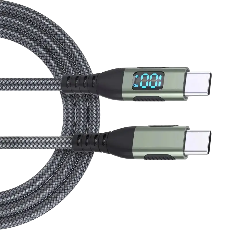 A sleek black braided usb-c fast charging cable with metallic green connectors and led digital display for data transfer