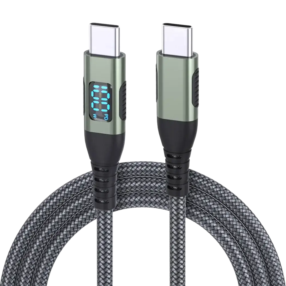 A sleek braided black usb-c cable with metallic green connectors and led digital display showing power output for data transfer