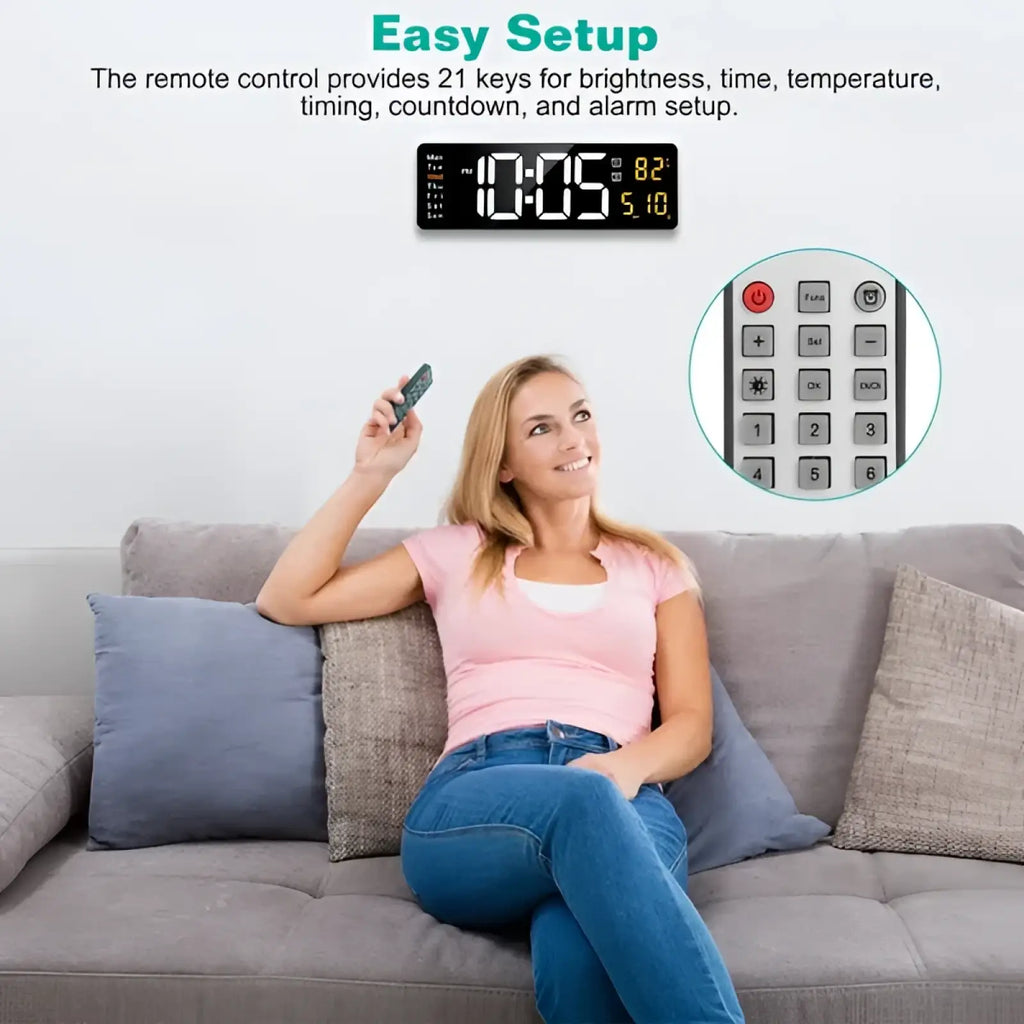 Led digital wall clock in black with illuminated display showing time temperature and date with remote control and brightness levels