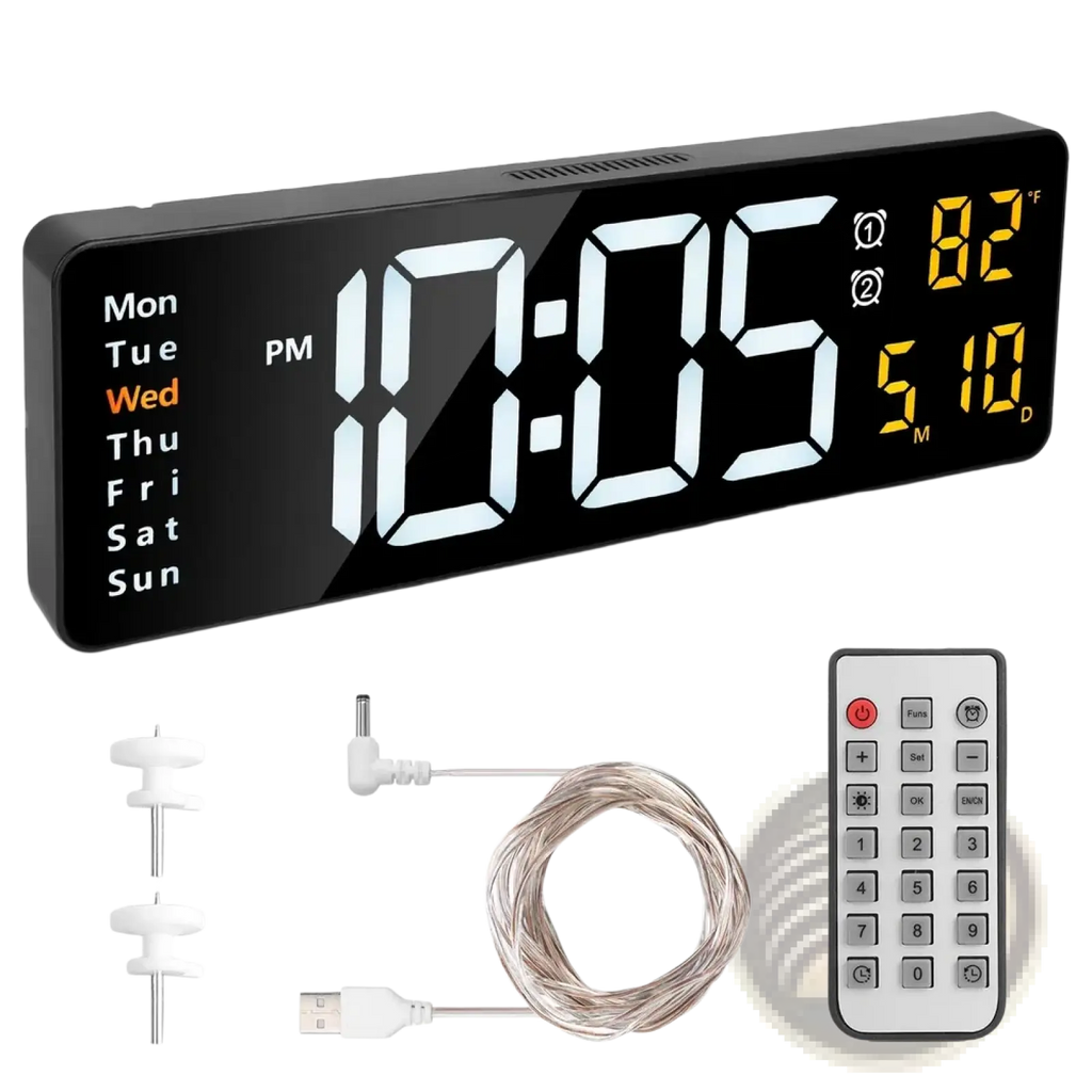 Led digital wall clock with remote and 10 brightness levels displaying time date temperature and day in white and yellow leds