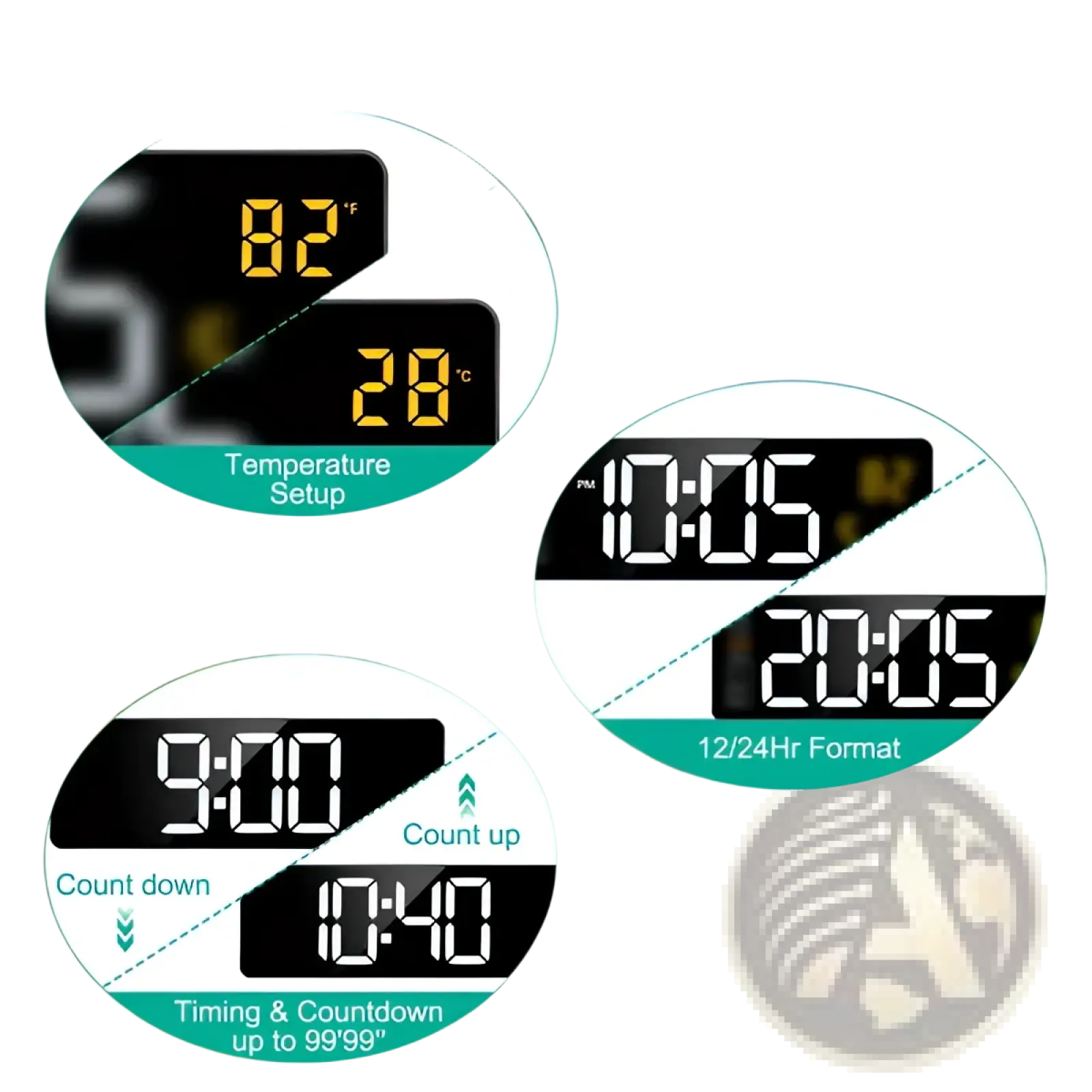 Led digital wall clock with remote black display yellow numerals showing time temperature and countdown functions