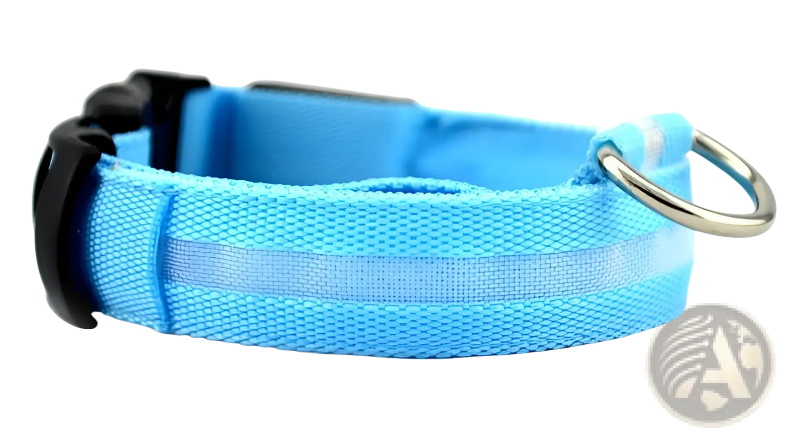 Light blue woven nylon led dog collar with black plastic buckle and silver metal ring for night safety and glowing