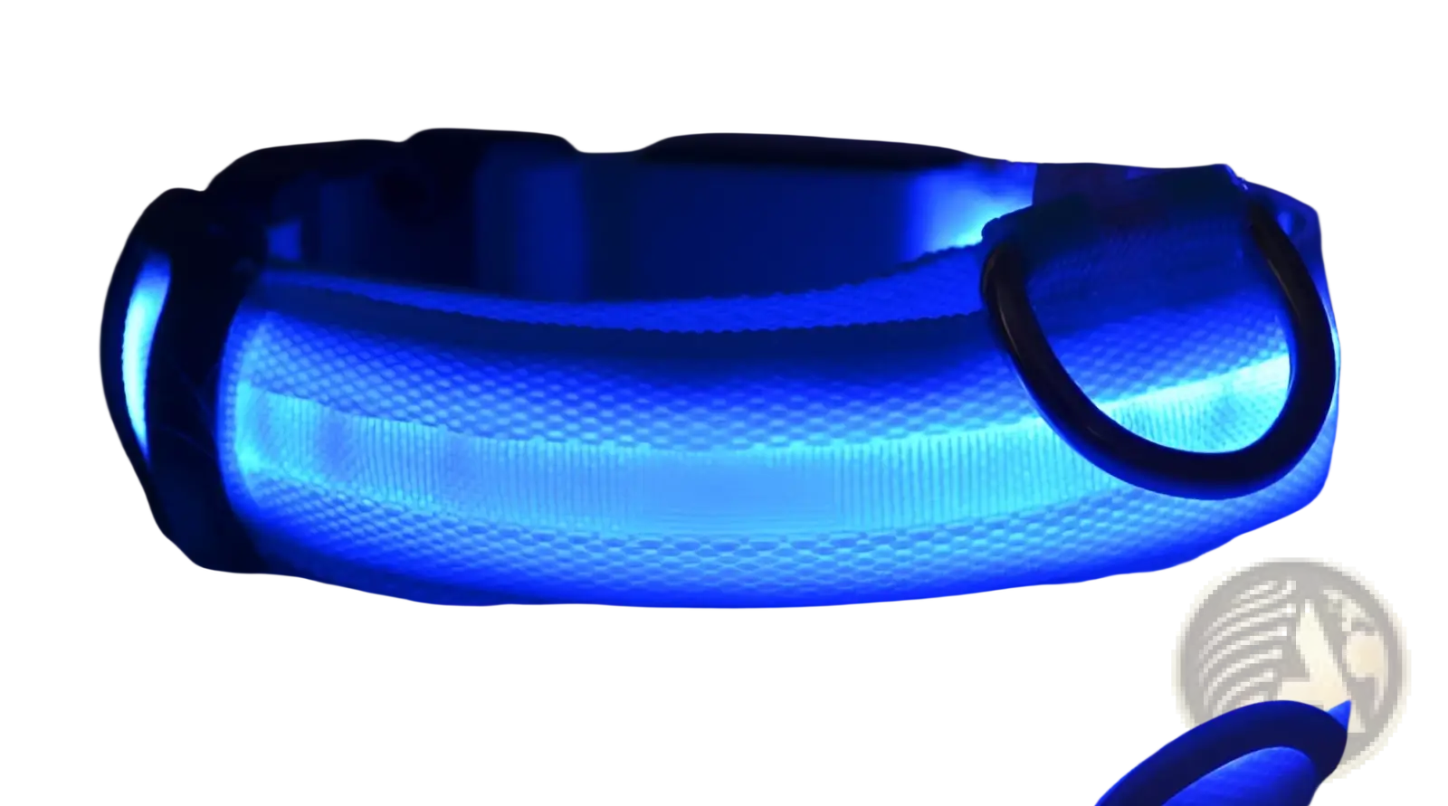 Blue glowing led dog collar with black metal ring and adjustable buckle made of nylon for night safety use