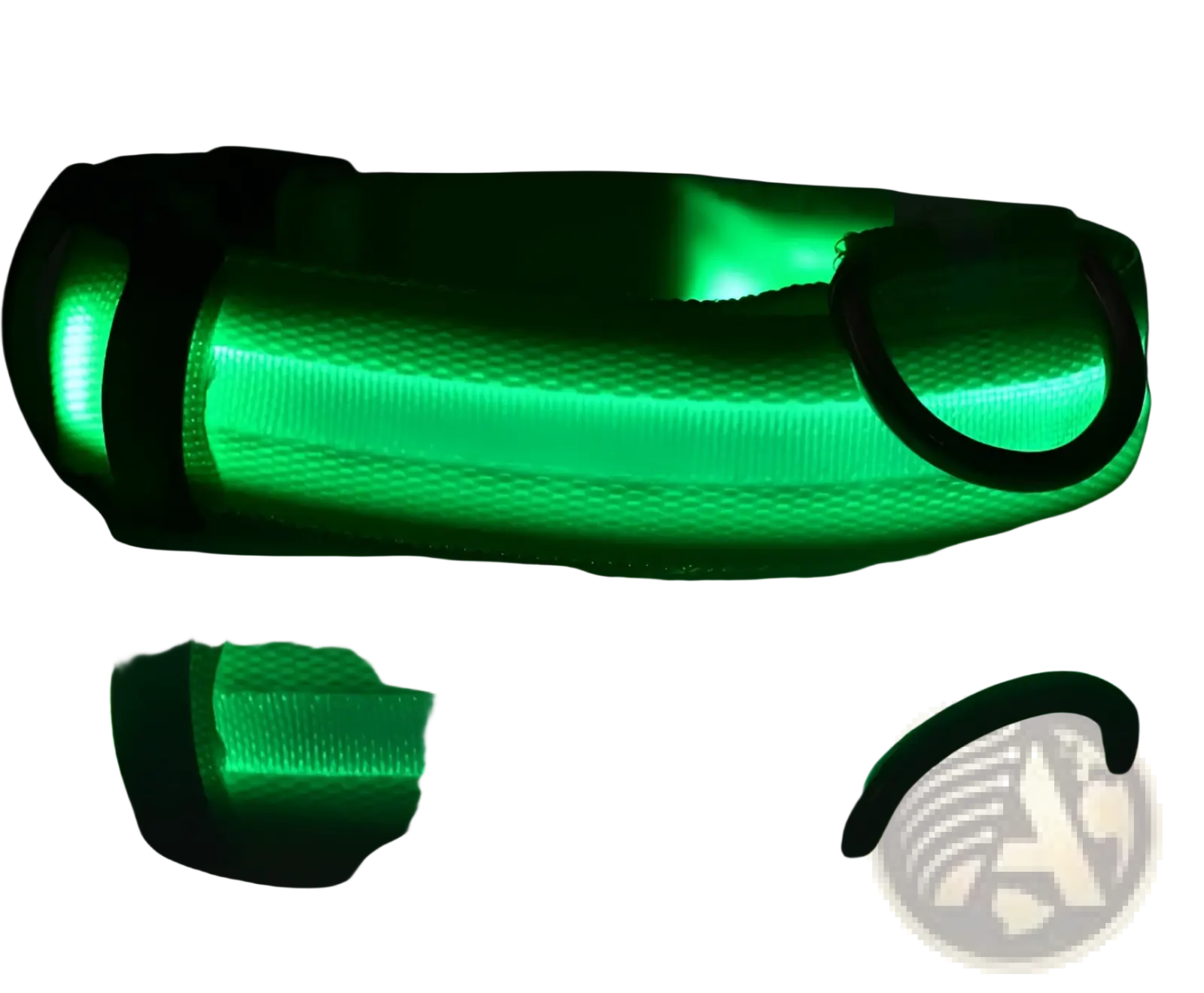 A glowing green led dog collar with textured nylon fabric and black hardware for night safety and visibility