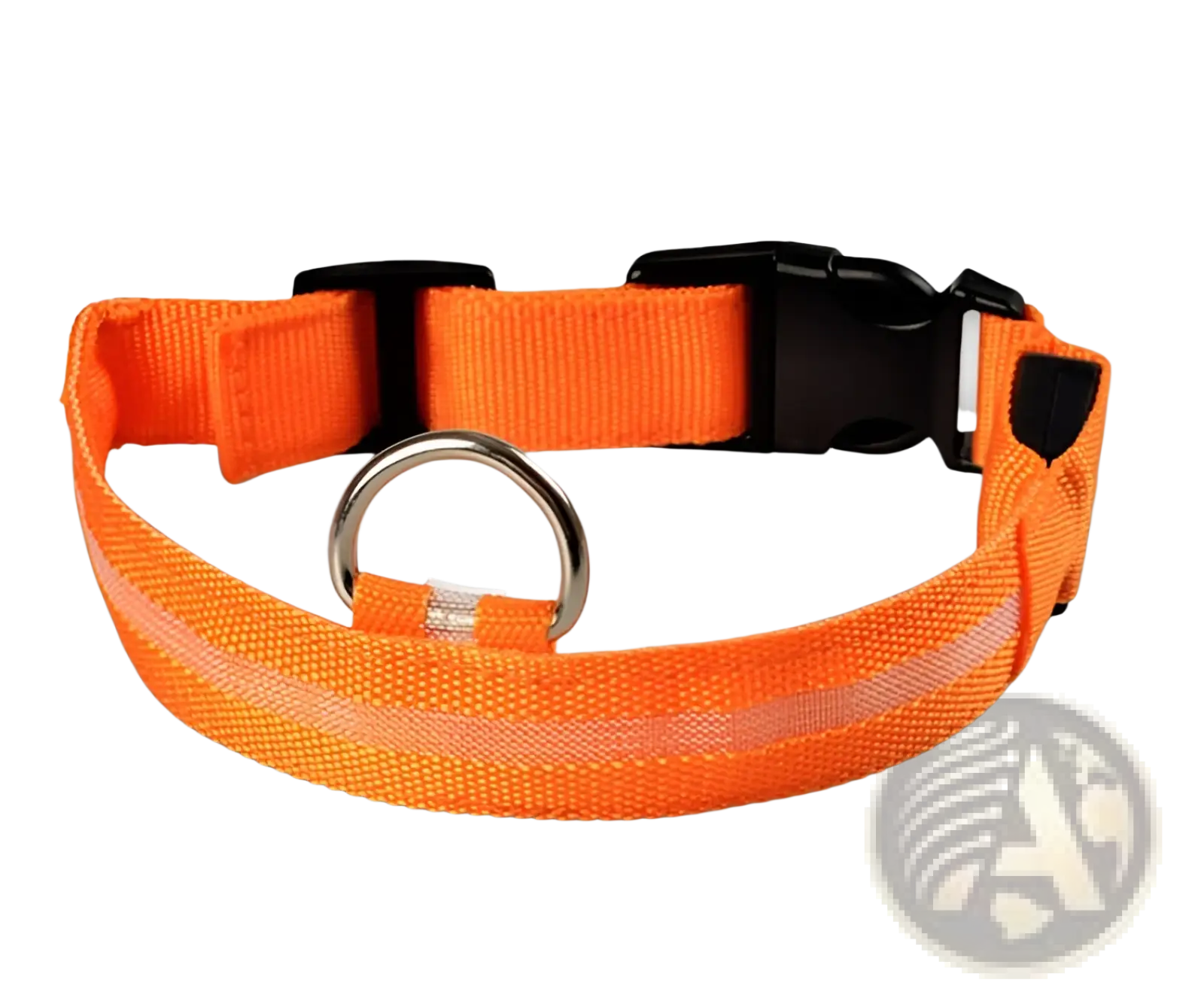 Bright orange reflective led dog collar made of nylon with black plastic buckle and silver metal ring for night safety