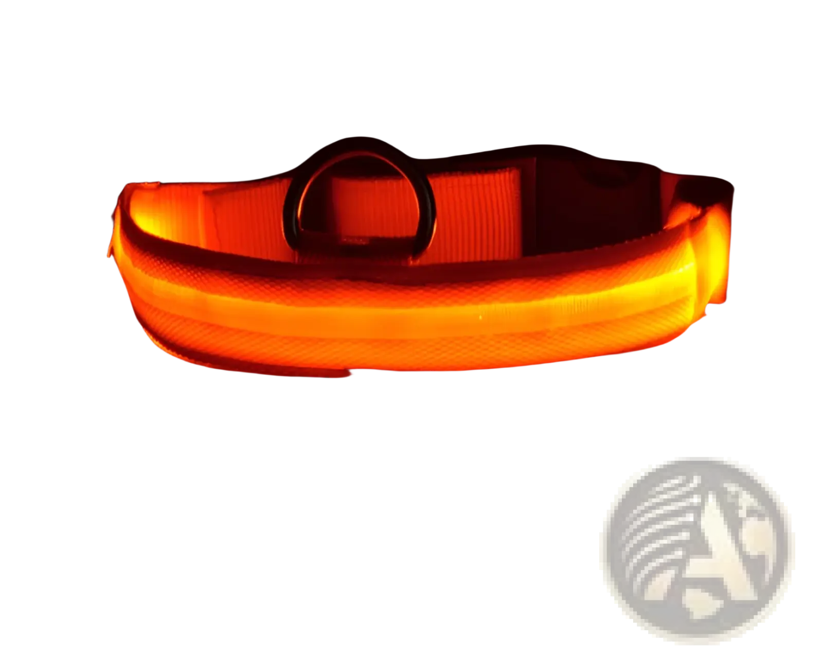 Orange glowing led dog collar with black metal buckle made of nylon for night safety and pet leash use