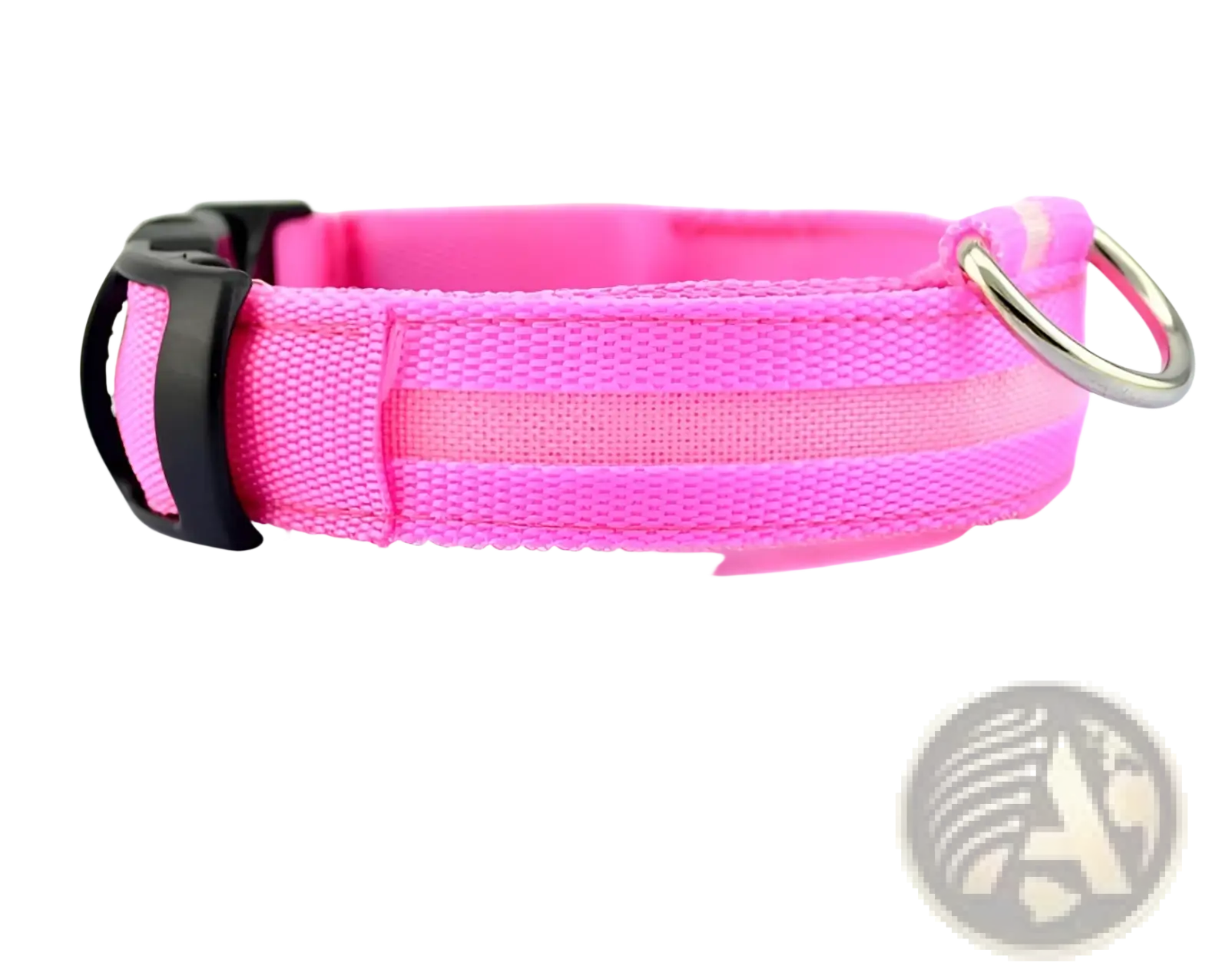Pink neon glow-in-the-dark led dog collar with black plastic buckle and silver metal ring for night safety use