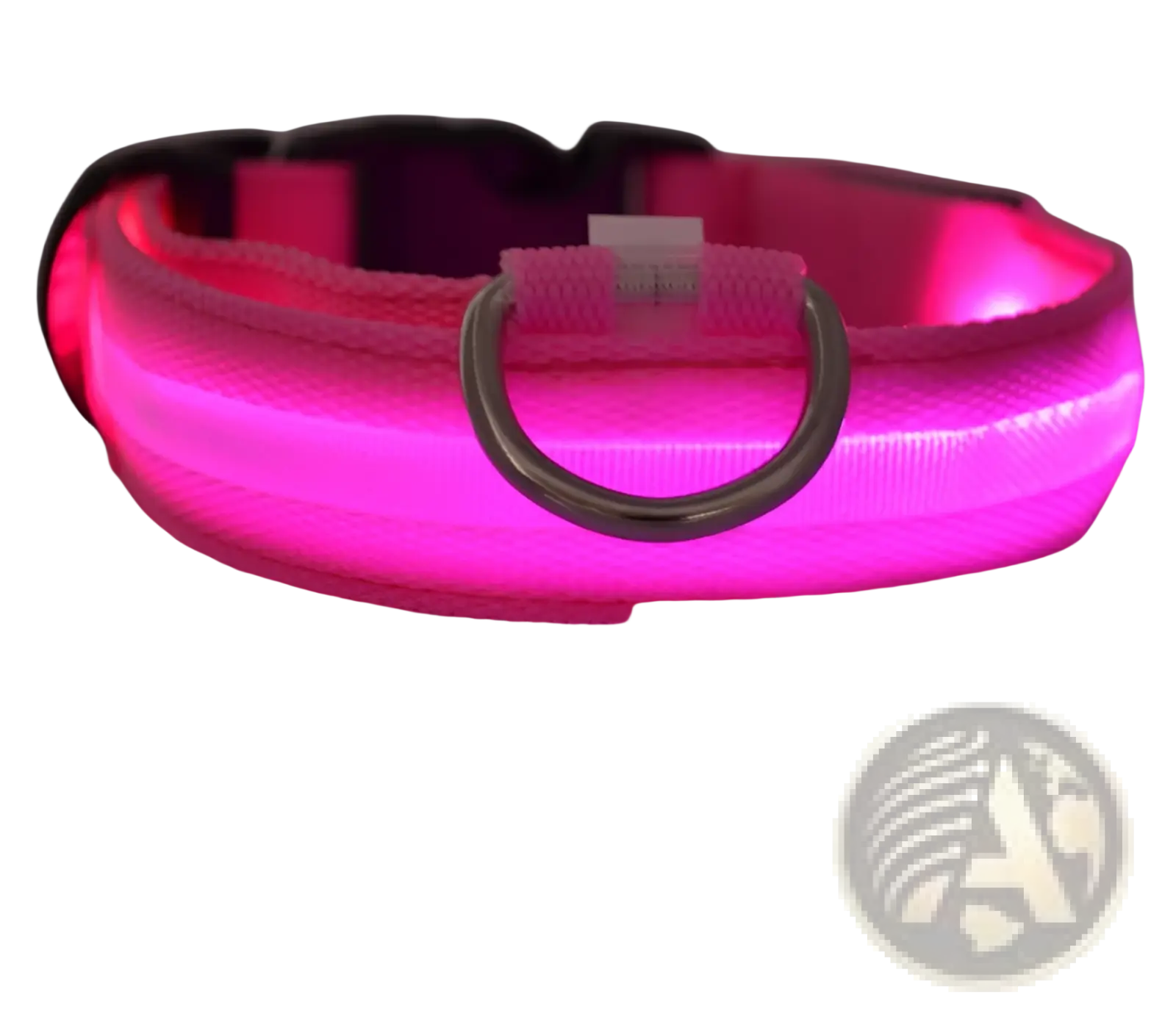 A glowing pink led dog collar made of nylon with a metallic ring and black buckle for night safety use