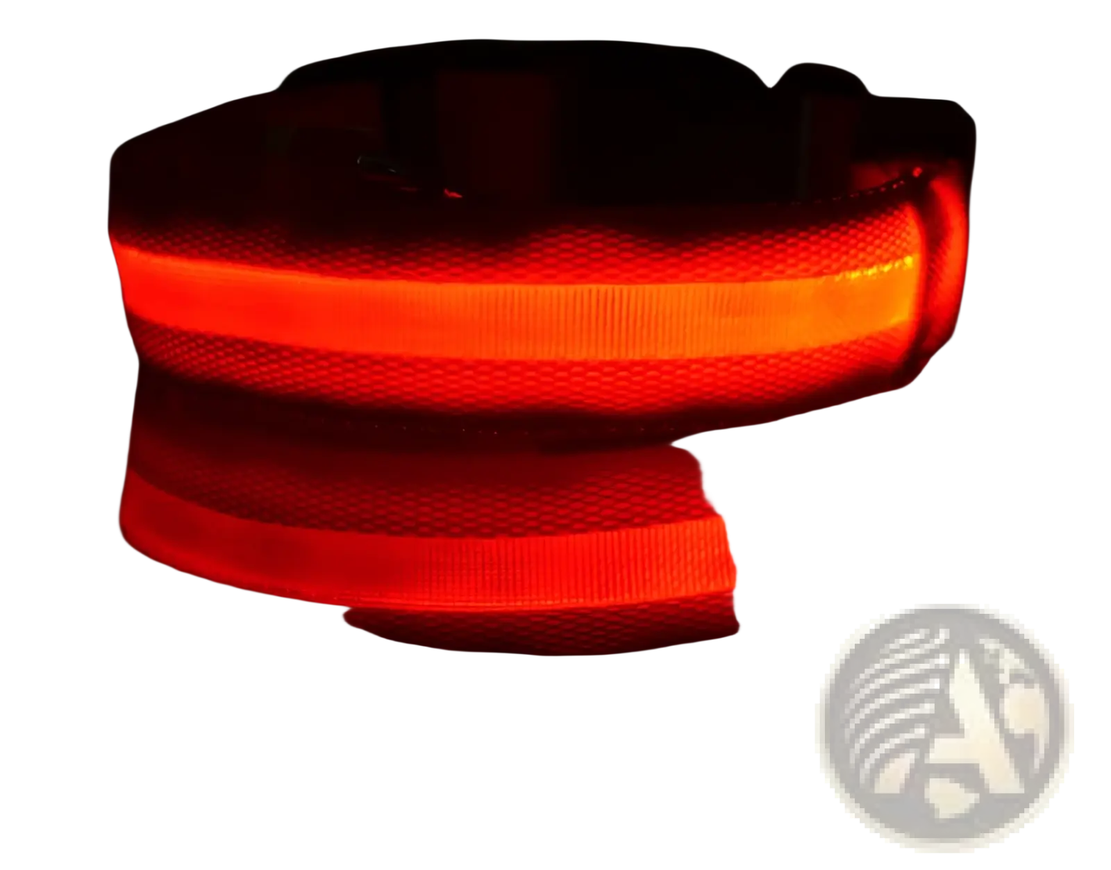 A glowing red led dog collar with textured nylon fabric band and reflective stripes for night safety