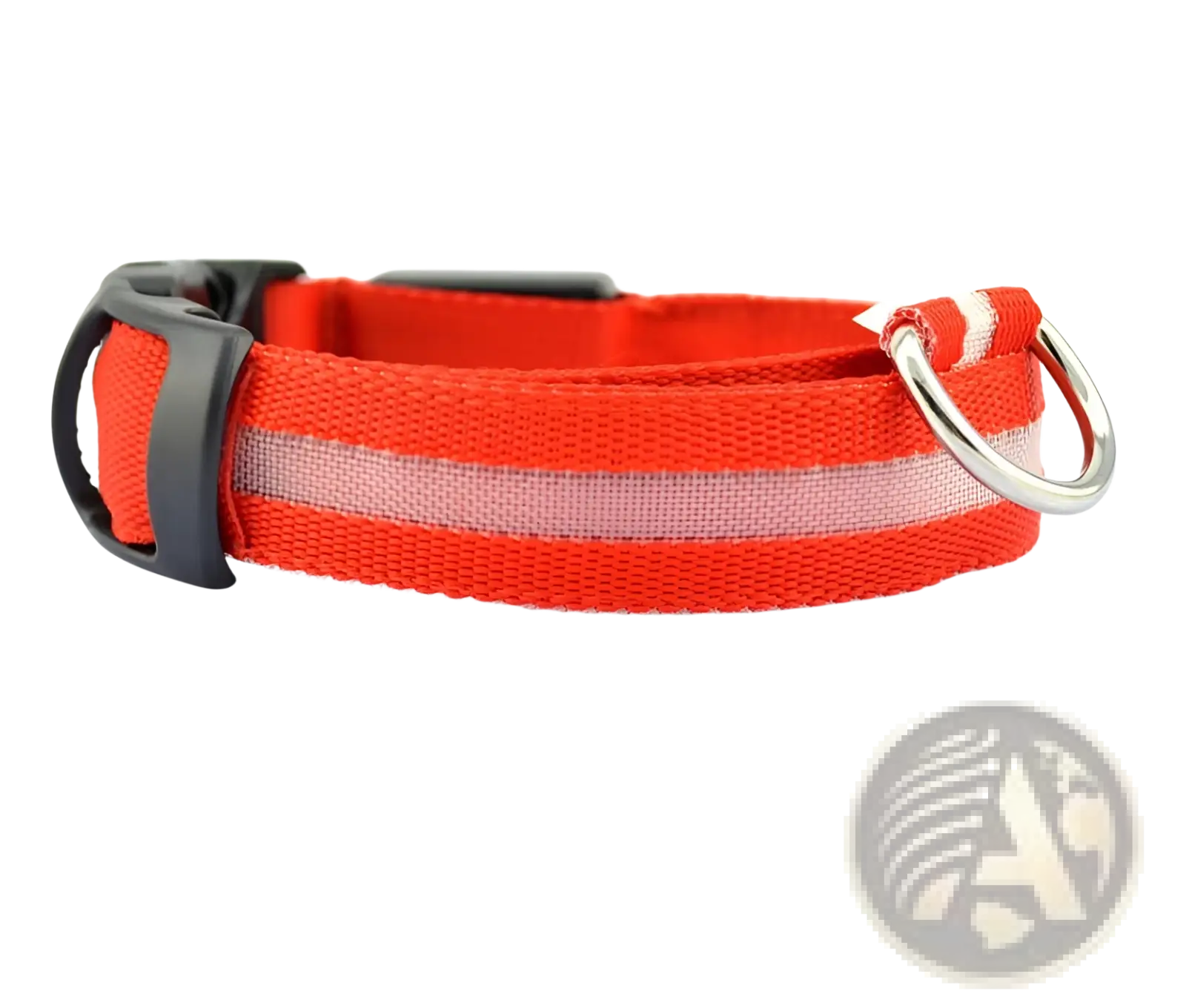 Bright orange woven led dog collar with reflective stripe black buckle and silver ring for night safety