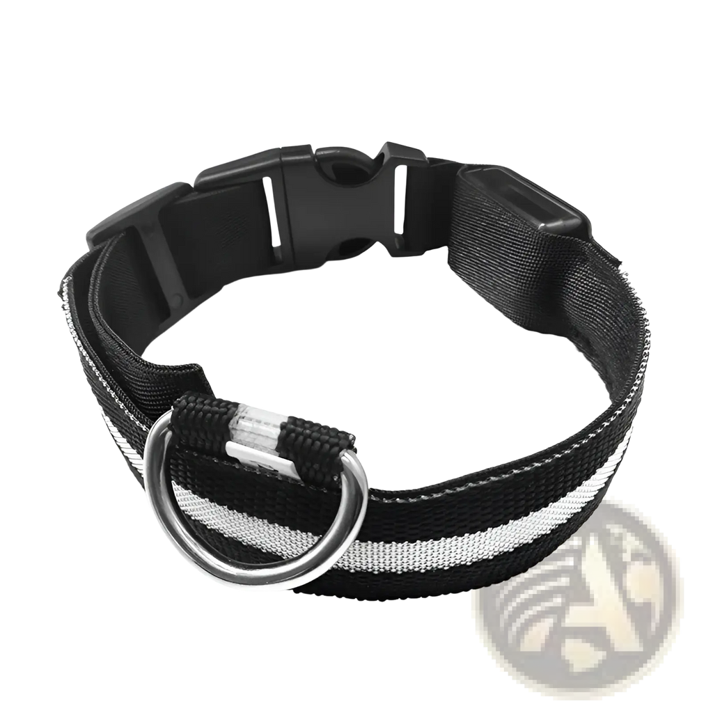 Black led dog collar with reflective silver stripes, sturdy metal ring, and glowing nylon for night safety use