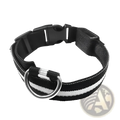 Black led dog collar with reflective silver stripes, sturdy metal ring, and glowing nylon for night safety use