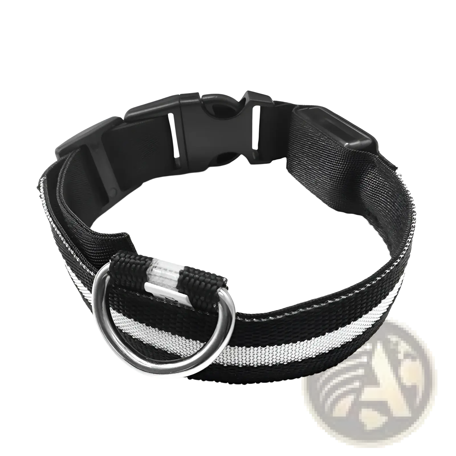 Black led dog collar with reflective silver stripes, sturdy metal ring, and glowing nylon for night safety use