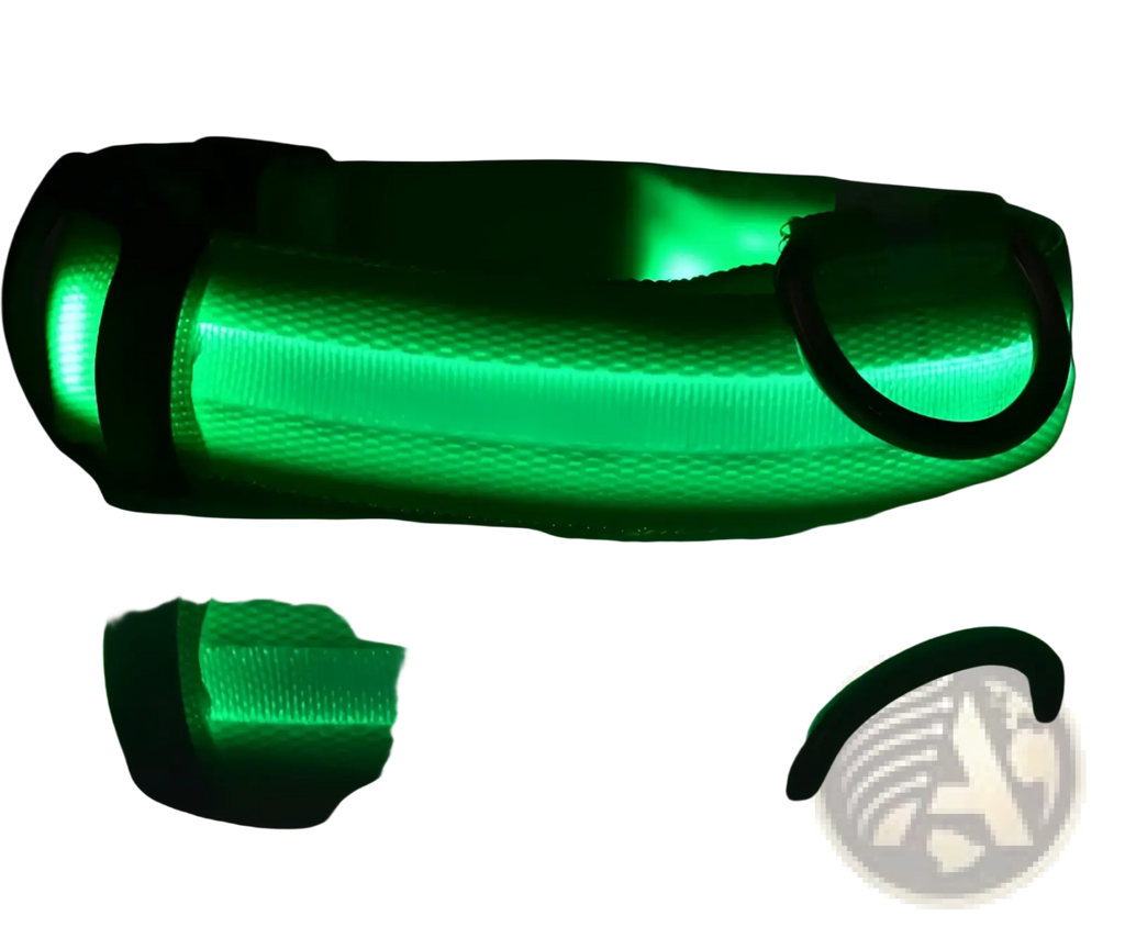 A glowing green led dog collar with textured nylon fabric and black plastic hardware for night safety use