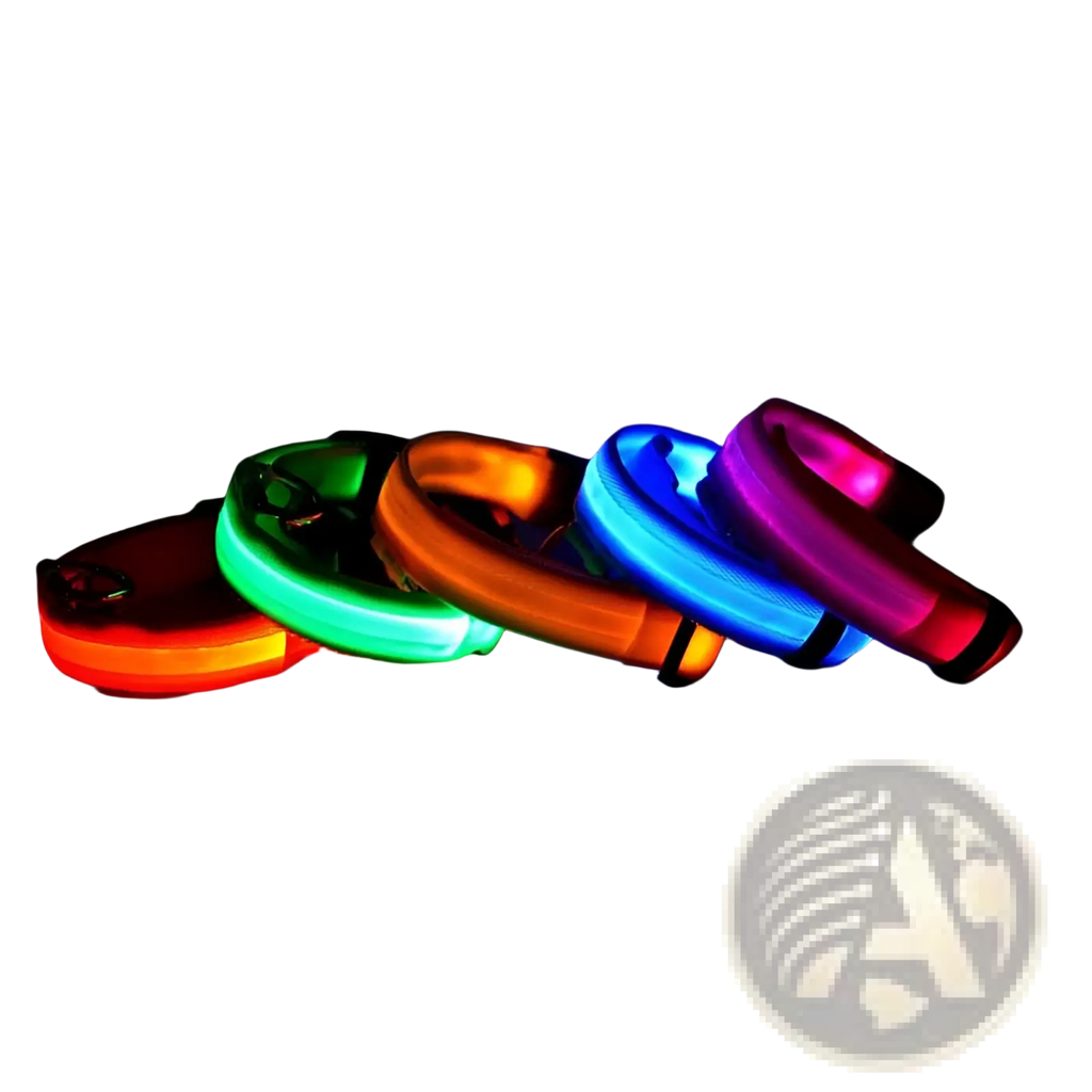 A set of five led dog collars in red green orange blue and purple glowing nylon for night safety use
