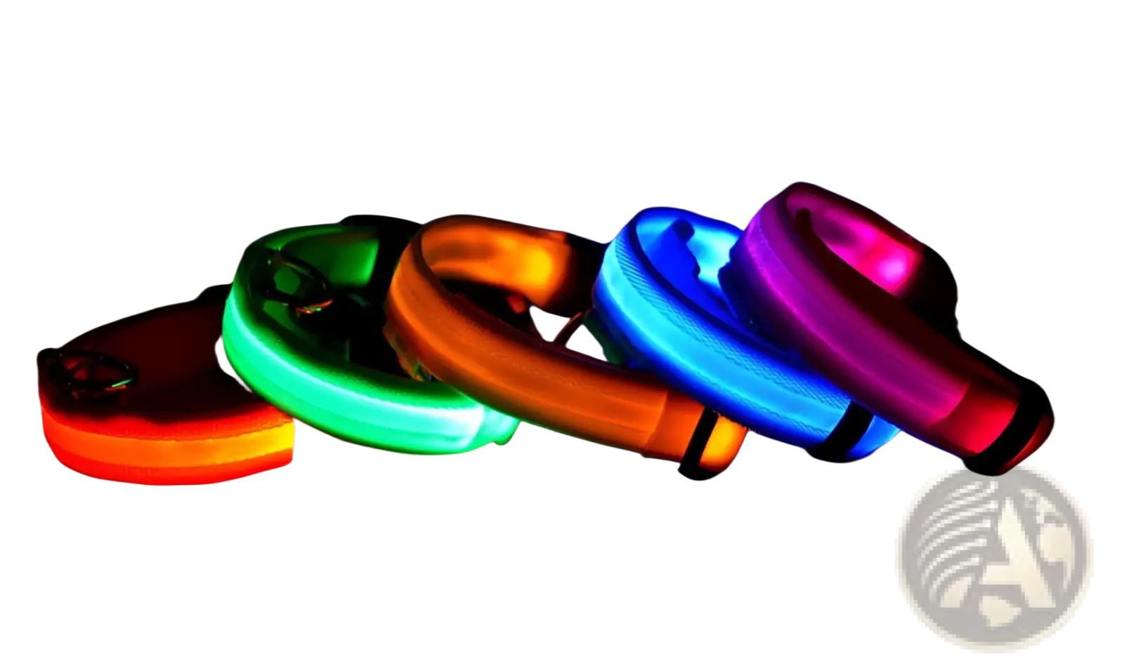 A set of five glowing led dog collars in red green orange blue and pink nylon for night safety and pet walking