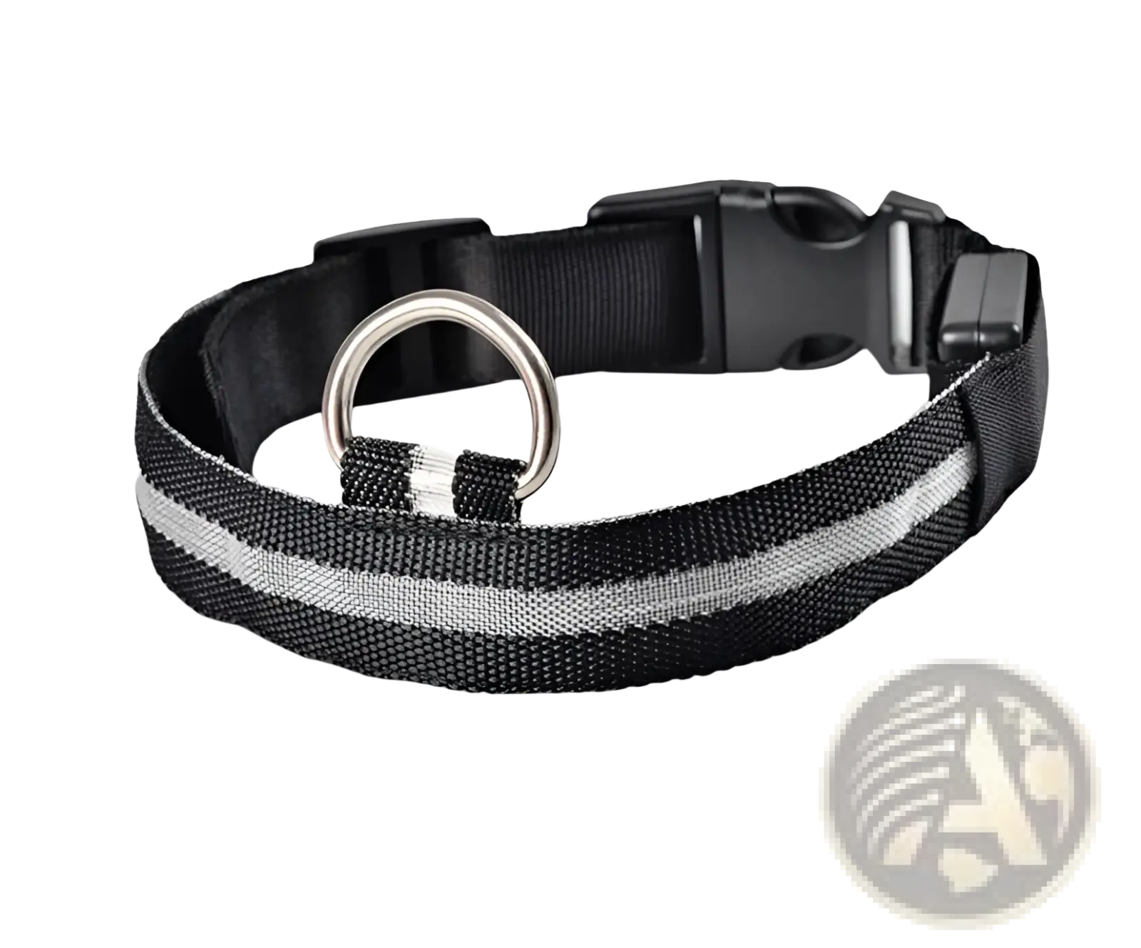 Black nylon led dog collar with silver reflective stripe and black plastic buckle for night safety and glowing visibility