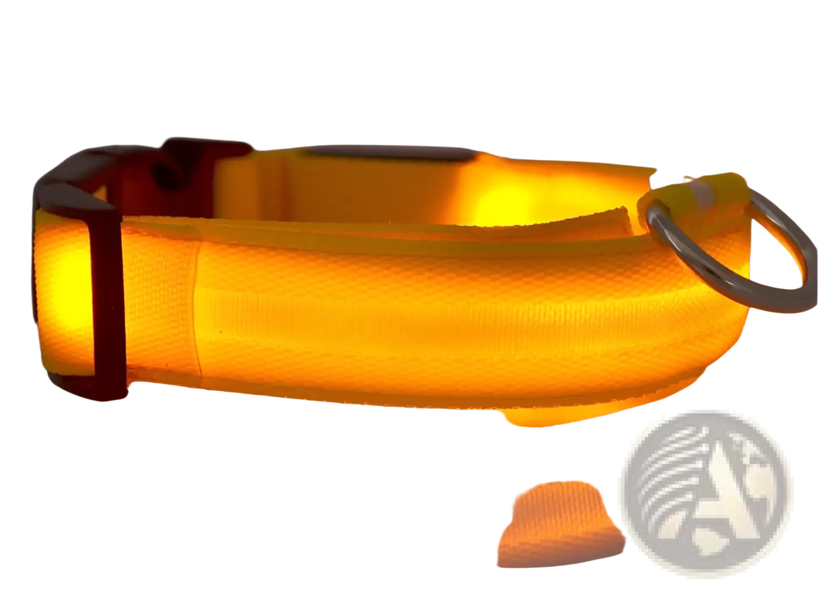 A glowing yellow led dog collar with black buckle silver ring made of nylon for night safety and pet leash use
