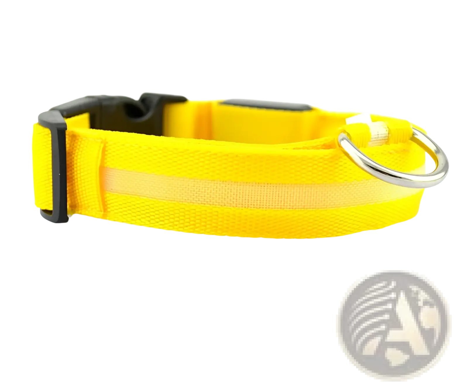 Bright yellow led dog collar made of glowing nylon with black plastic buckle and silver metal ring for night safety
