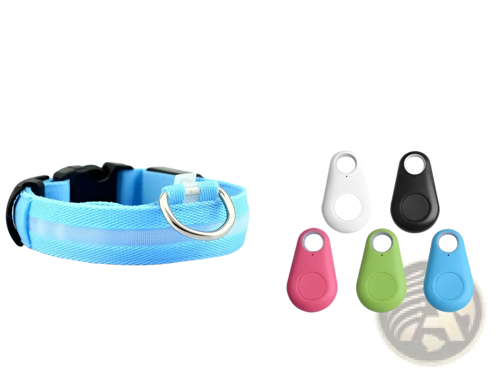 Blue woven led dog collar with silver metal d-ring and black plastic buckle alongside colorful silicone tracker devices