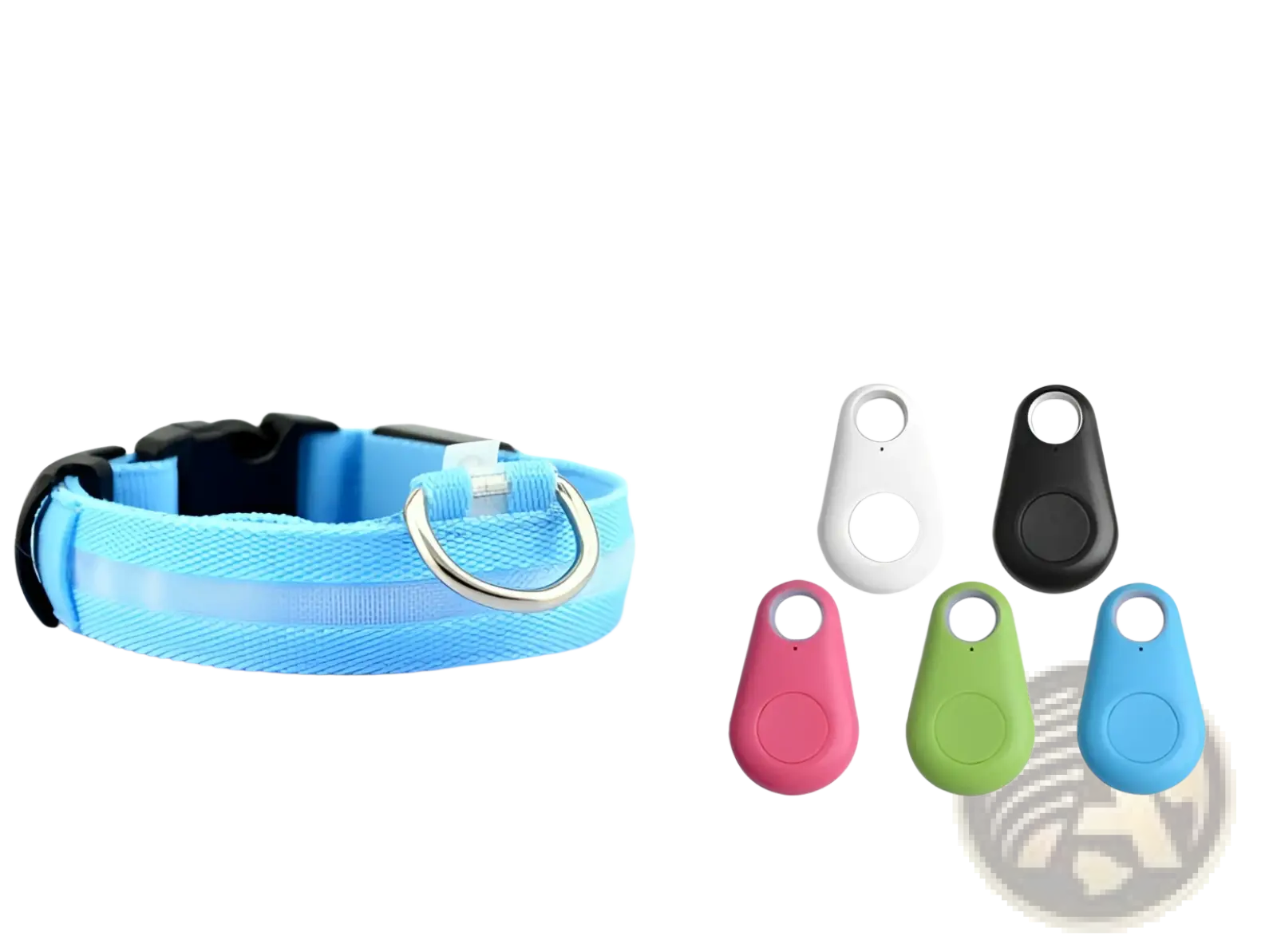 Blue woven led dog collar with silver metal d-ring and black plastic buckle alongside colorful silicone tracker devices