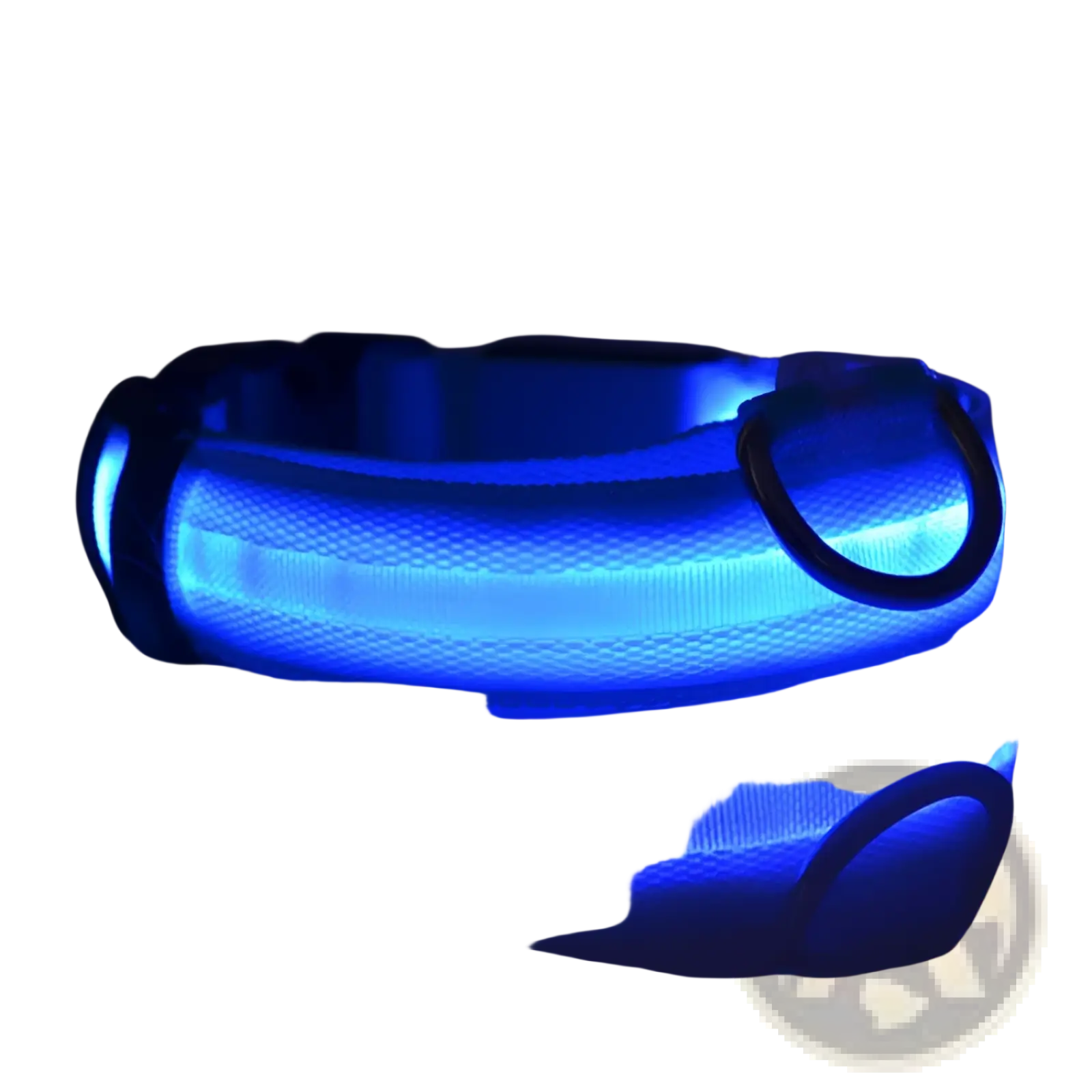 Led dog collar rechargeable glowing pet safety light with a glowing blue led and textured fabric band with black plastic hardware