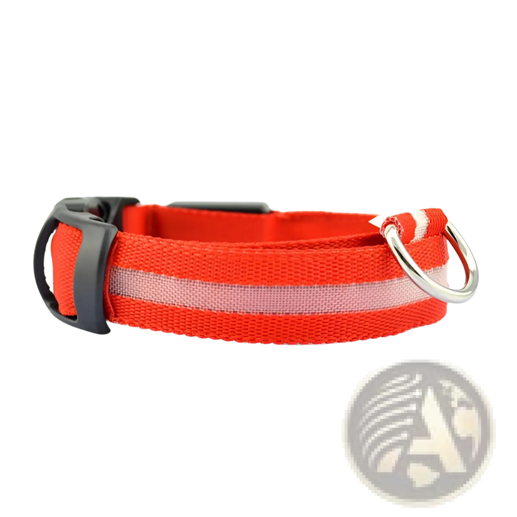Bright red woven fabric led dog collar with reflective stripe and black plastic buckle for pet safety lighting