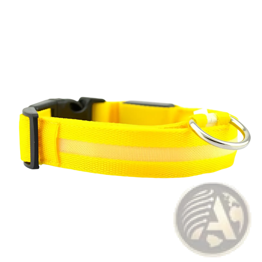 Bright yellow reflective led dog collar with black plastic buckle and silver metal ring for pet safety light