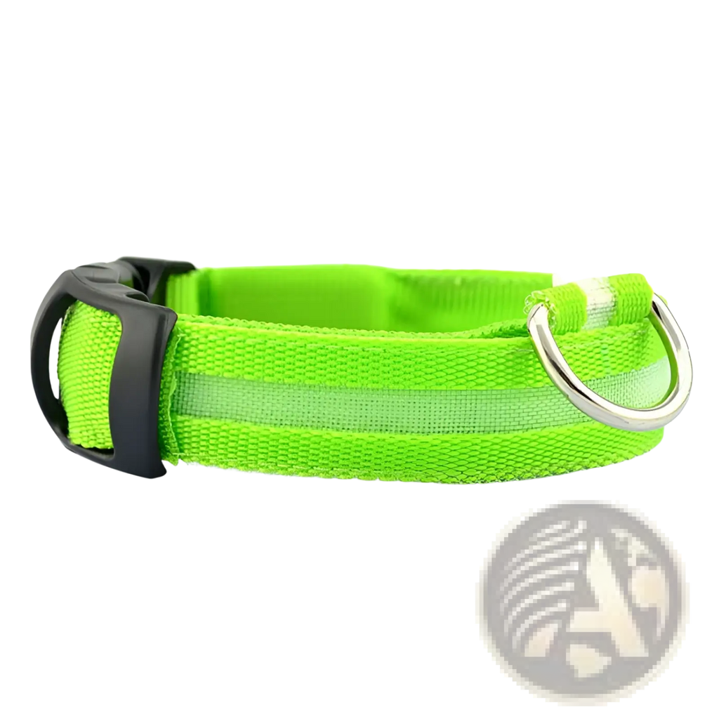 Led dog collar rechargeable glowing pet safety light in bright neon green fabric with black buckle and silver metal d-ring