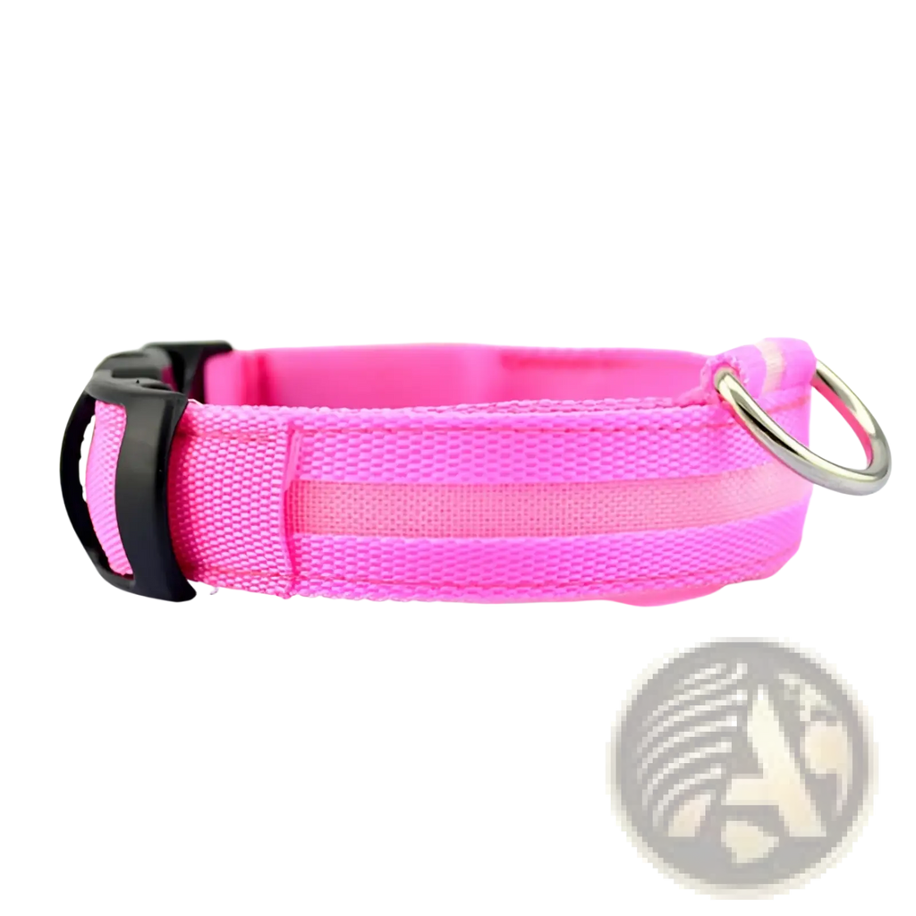 Led dog collar with rechargeable glowing safety light in bright pink woven fabric with black buckle and silver ring