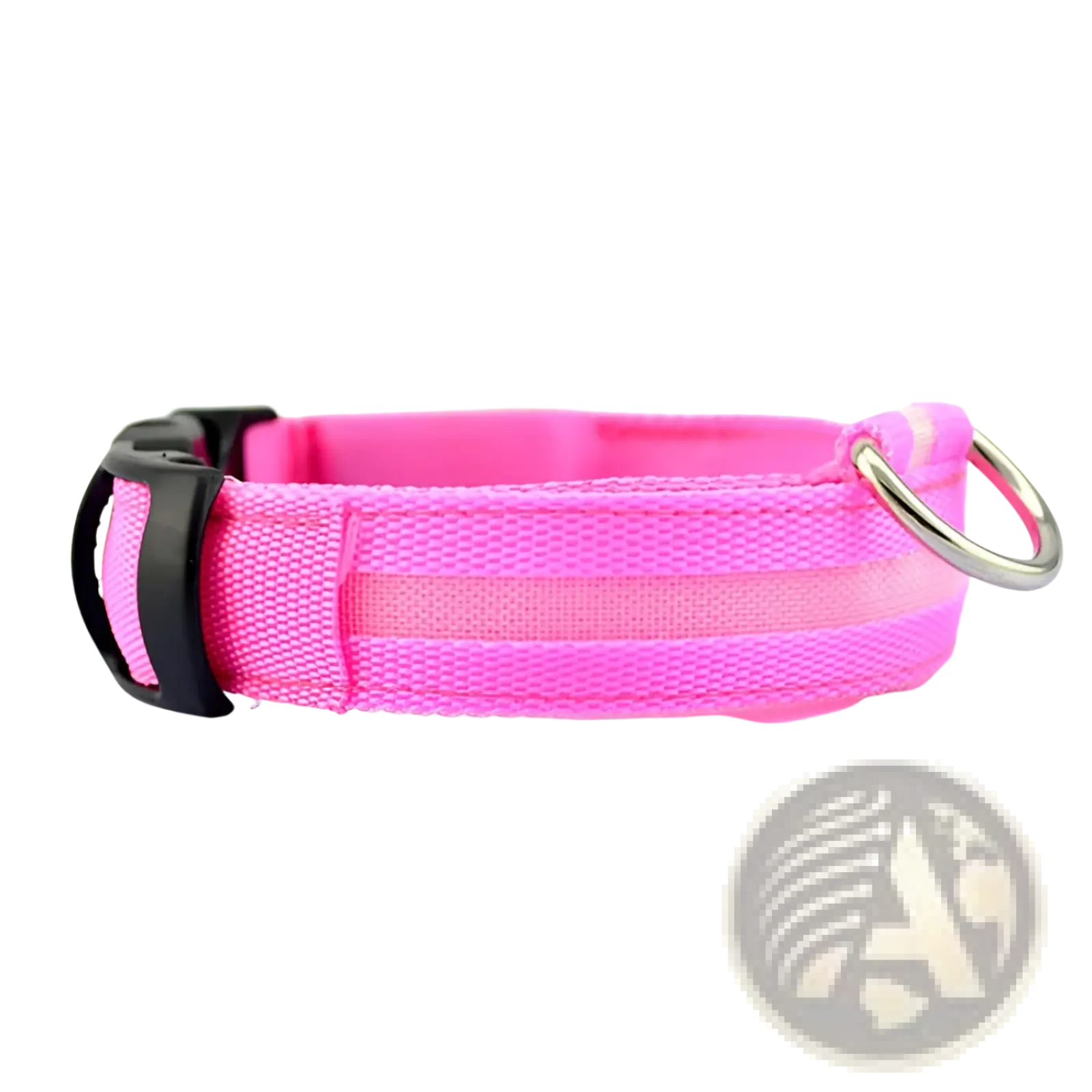 Led dog collar with rechargeable glowing safety light in bright pink woven fabric with black buckle and silver ring