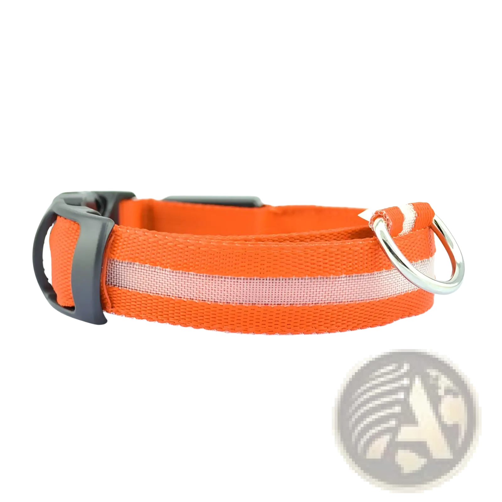 Bright orange fabric led dog collar with reflective stripe, black buckle, and rechargeable glowing pet safety light