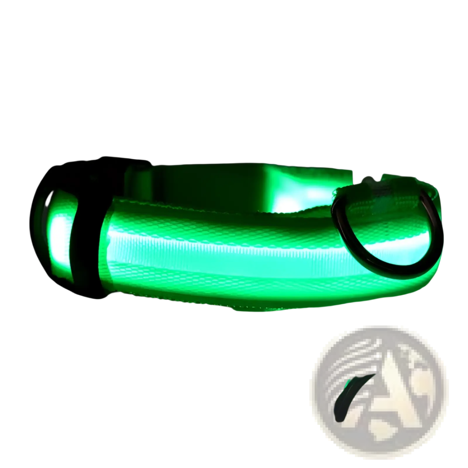 Green led dog collar with black hardware and reflective strips for rechargeable glowing pet safety light use