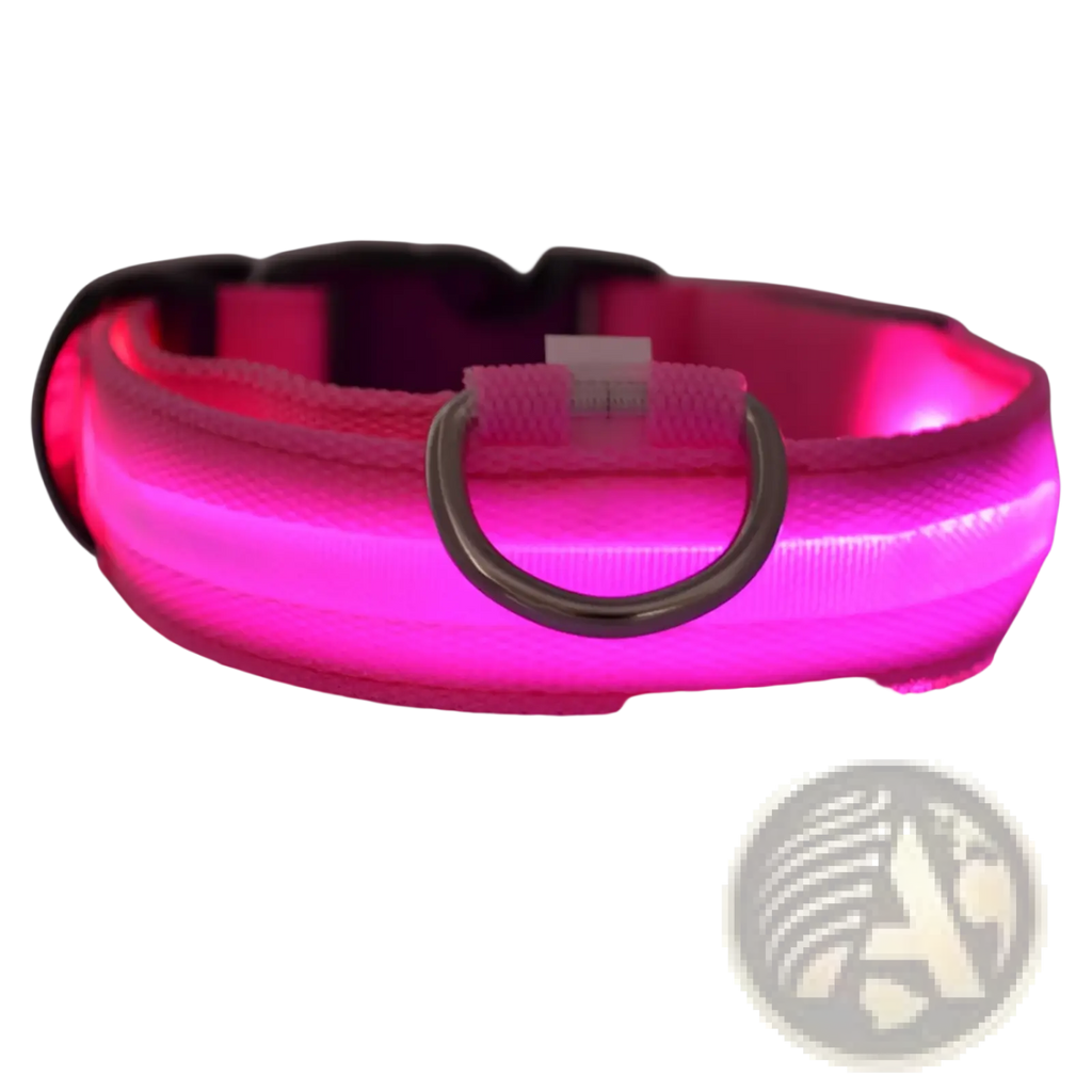 A glowing pink led dog collar with a silver metal d-ring and black plastic buckle for pet safety lighting