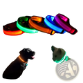 Neon-colored led dog collars in red green orange blue and pink with reflective light up safety halo belt design