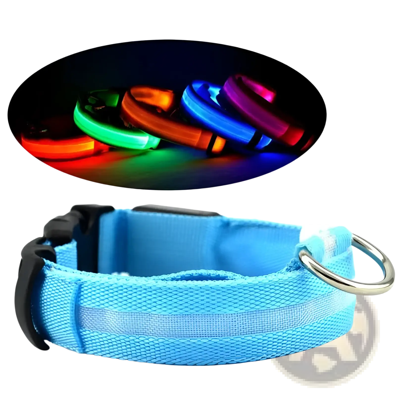 Led dog collar reflective light up safety halo belt in bright blue fabric with reflective strip and glowing led options