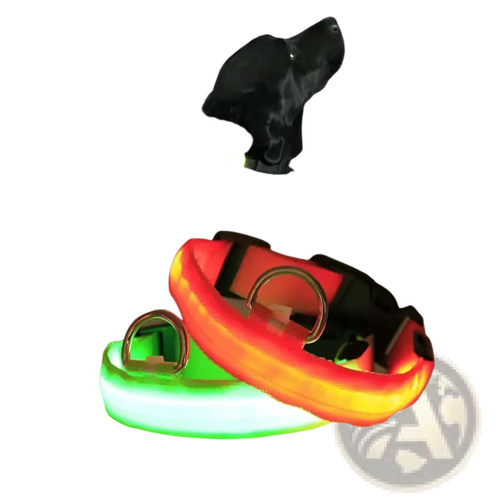 Led dog collar reflective light up safety halo belt with glowing red and green led flexible band and metal hardware