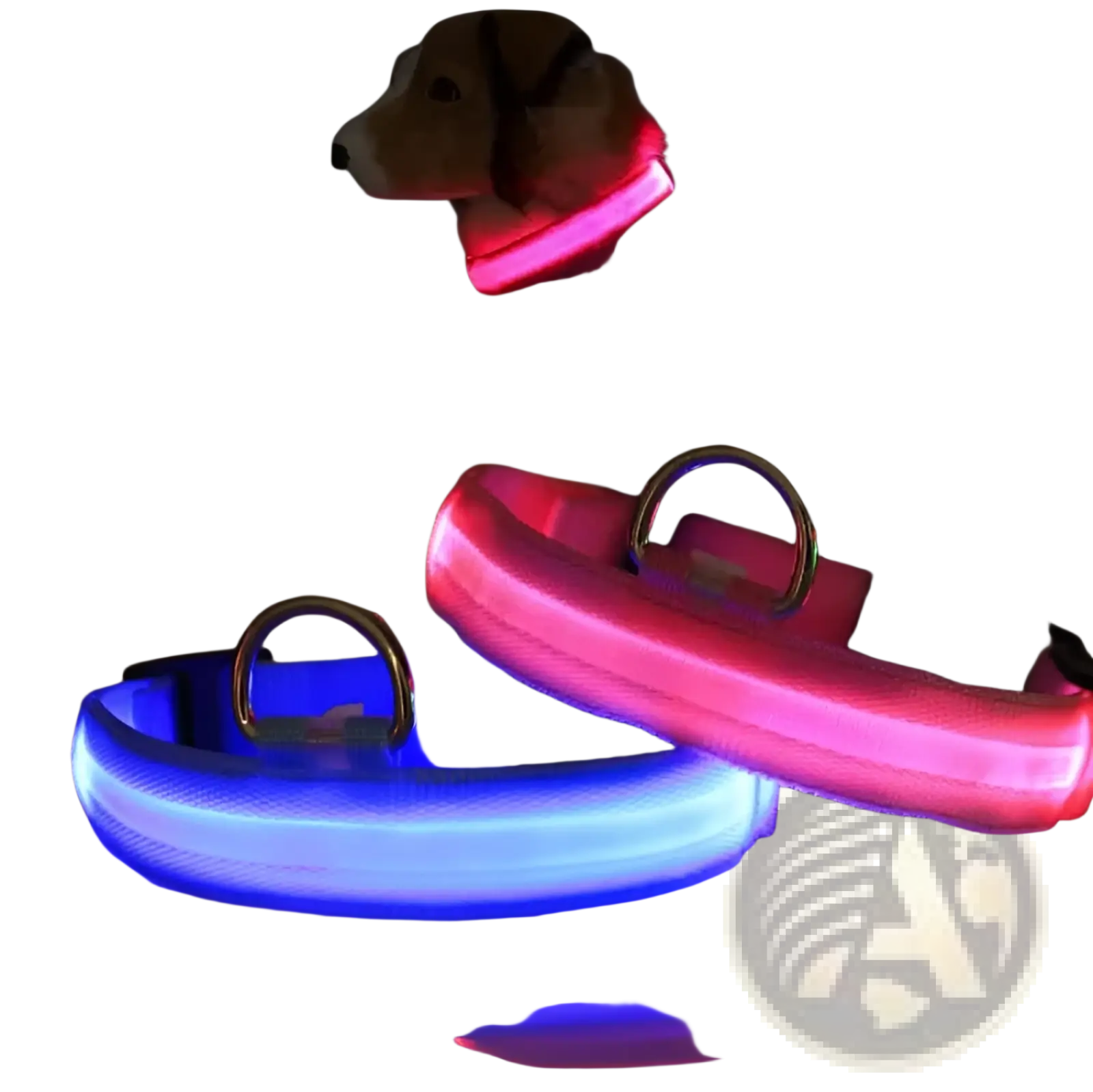 Led dog collar reflective light up safety halo belt in pink and blue with reflective strips and metal d-rings